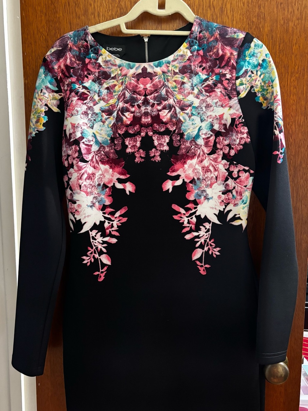 bebe Black Dress with Pink, Teal & White Floral Mirror Print